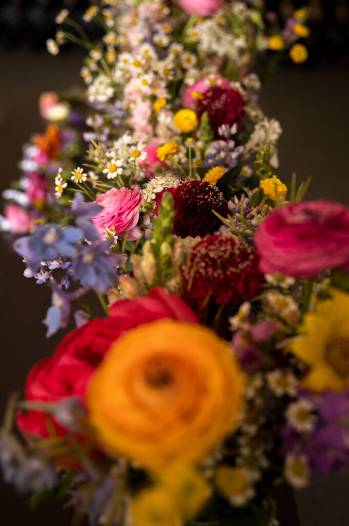 Bouquet featuring lupine and scabiosa for a colorful Wyoming wedding